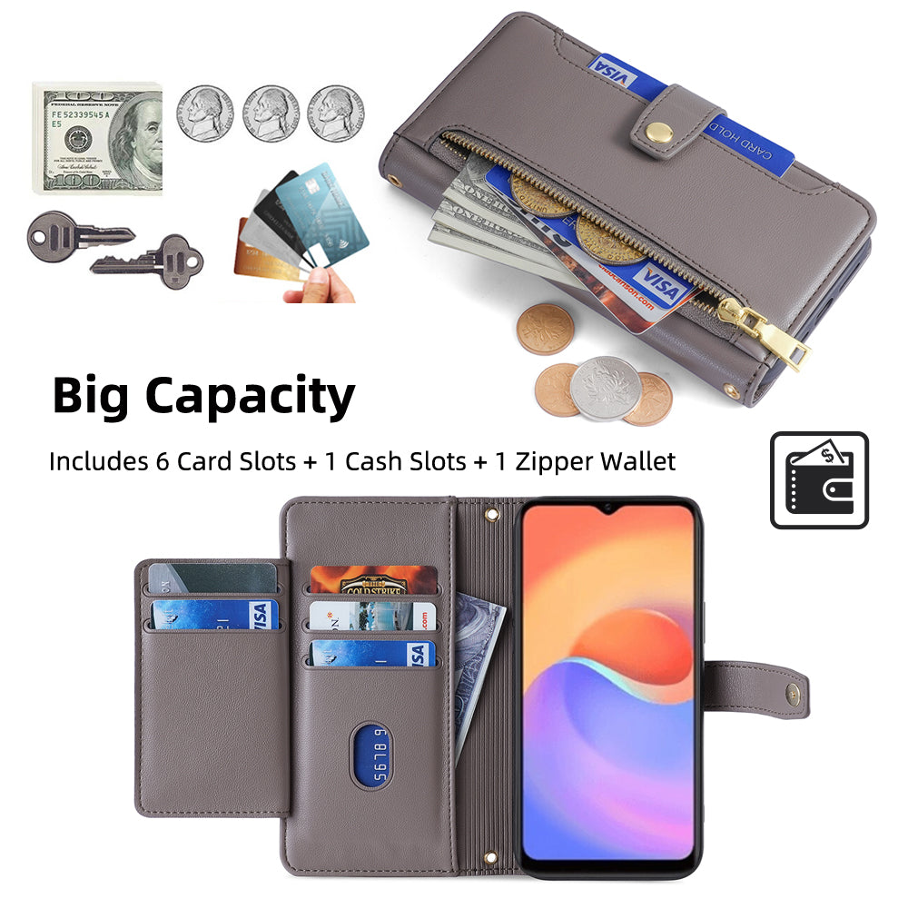 For ZTE Blade A52 Lite 4G Full Protection PU Leather Stand Case Zipper Pocket Card Slots Flip Phone Cover with Wrist Strap and Shoulder Strap For ZTE Blade A52 Lite 4G Full Protection PU Leather Stand Case Zipper Pocket Card Slots Flip Phone Cover with Wrist Strap and Shoulder Strap